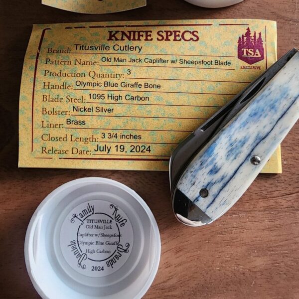 TSA Knives Exclusive Old Man Jack Caplifter w/ Sheepsfoot Olympic Blue Giraffe Bone (1 of 3) by Daniels 07/2024 - Image 4