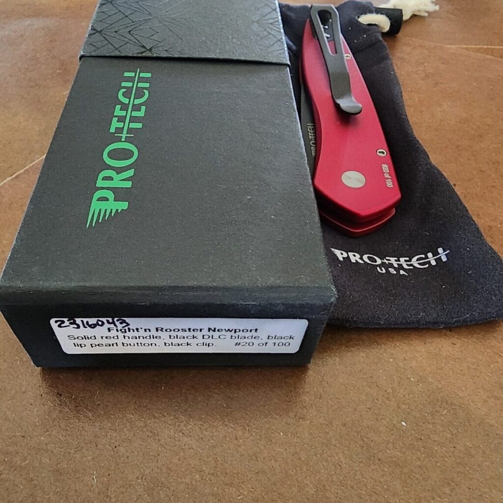 Protech Fight'n Rooster Newport with Solid Red Handle, Black DLC Blade, Black Lip Pearl Button and Black Clip #7 of 100 – gallery image 12