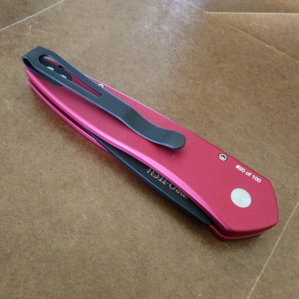 Protech Fight'n Rooster Newport with Solid Red Handle, Black DLC Blade, Black Lip Pearl Button and Black Clip #7 of 100 – gallery image 11