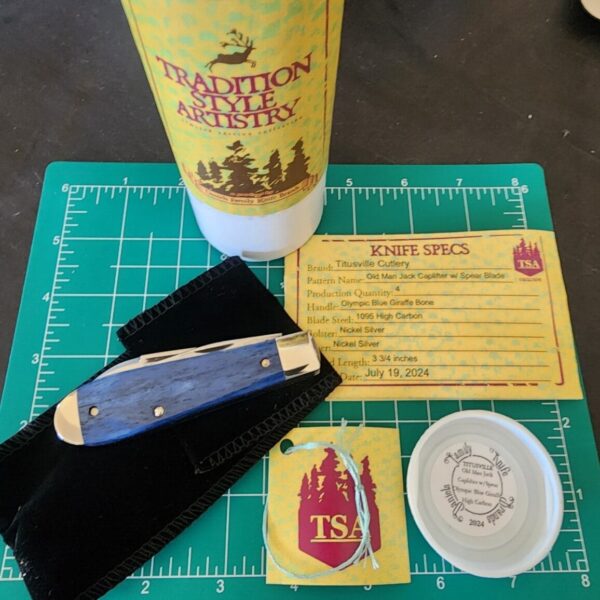 TSA Knives Exclusive Old Man Jack Caplifter w/ Spear Point blade in Olympic Blue Giraffe Bone (1 of 4) by Daniels 07/2024 - Image 2