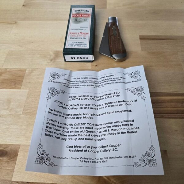 Schatt & Morgan 2023 Sawcut Chestnut Wormhole Wood Cotton Sampler Knife Rare USA  01 CNSC - Image 5