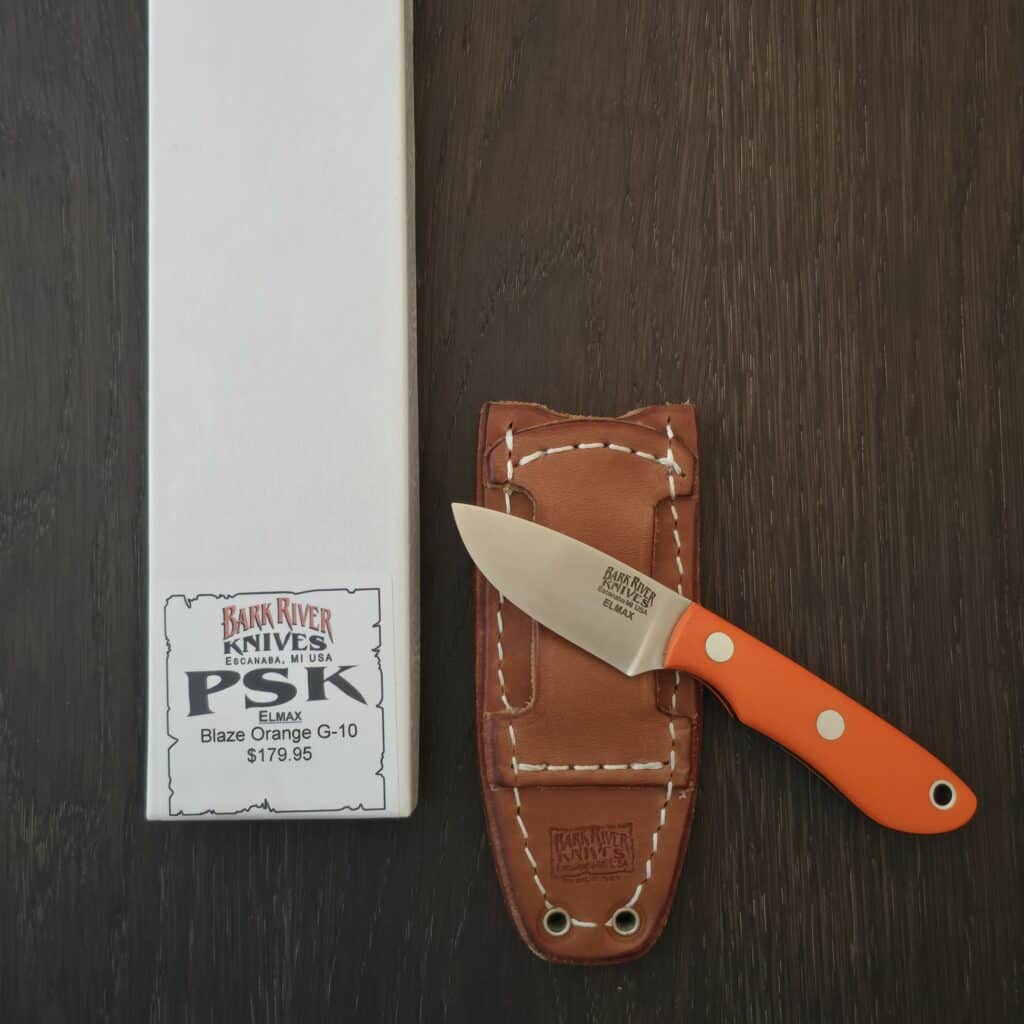 Bark River PSK in Elmax and Blaze Orange g10 with Leather sheath – gallery image 4