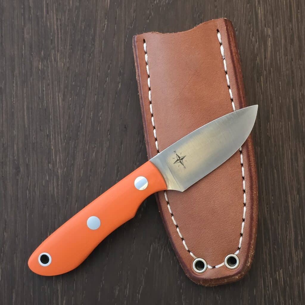 Bark River PSK in Elmax and Blaze Orange g10 with Leather sheath – gallery image 3