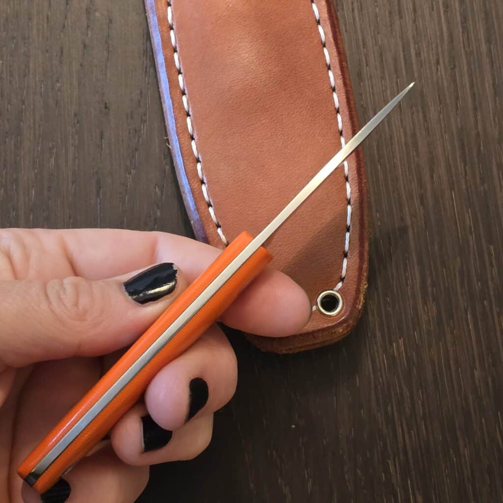 Bark River PSK in Elmax and Blaze Orange g10 with Leather sheath – gallery image 2