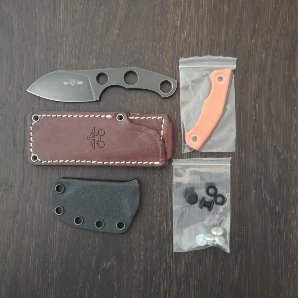GiantMouse GMF1-F 5mm M390 leather sheath Custom kydex sheath Custom orange g10 handle scales black hardware no box knife for sale