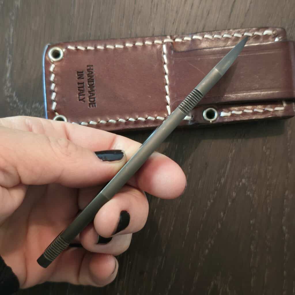 L.T. Wright Handcrafted Knives fixed blade knife in Canvas Micarta and A2 drop point blade 10¼" OAL full tang with the lined lanyard hole and brown leather sheath with a belt loop knife for sale