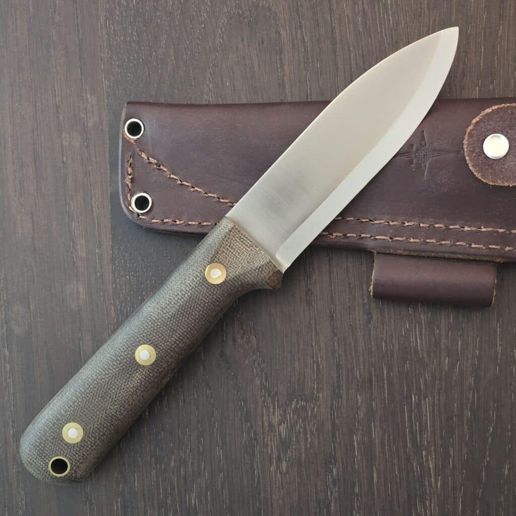 L.T. Wright Handcrafted Knives fixed blade knife in Canvas Micarta and A2 drop point blade 10¼" OAL full tang with the lined lanyard hole and brown leather sheath with a belt loop – gallery image 5