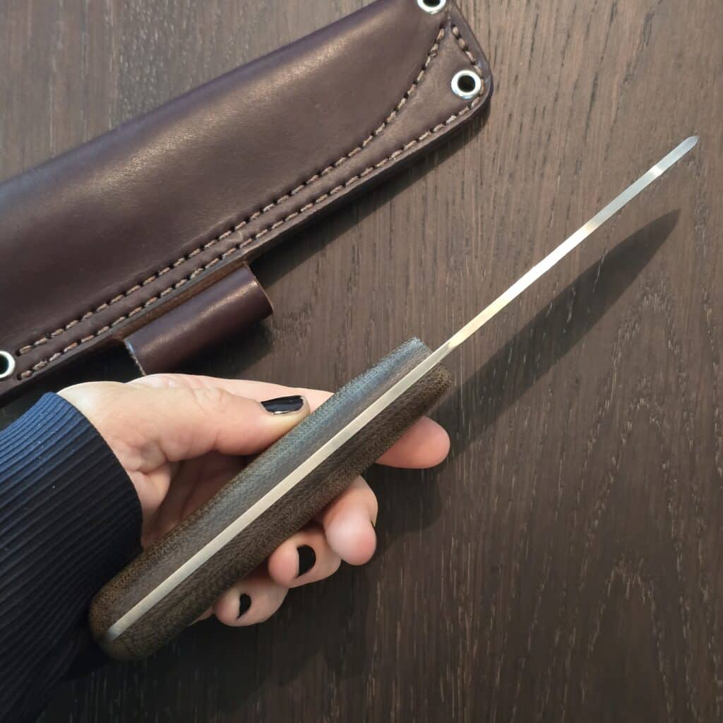 L.T. Wright Handcrafted Knives fixed blade knife in Canvas Micarta and A2 drop point blade 10¼" OAL full tang with the lined lanyard hole and brown leather sheath with a belt loop – gallery image 3