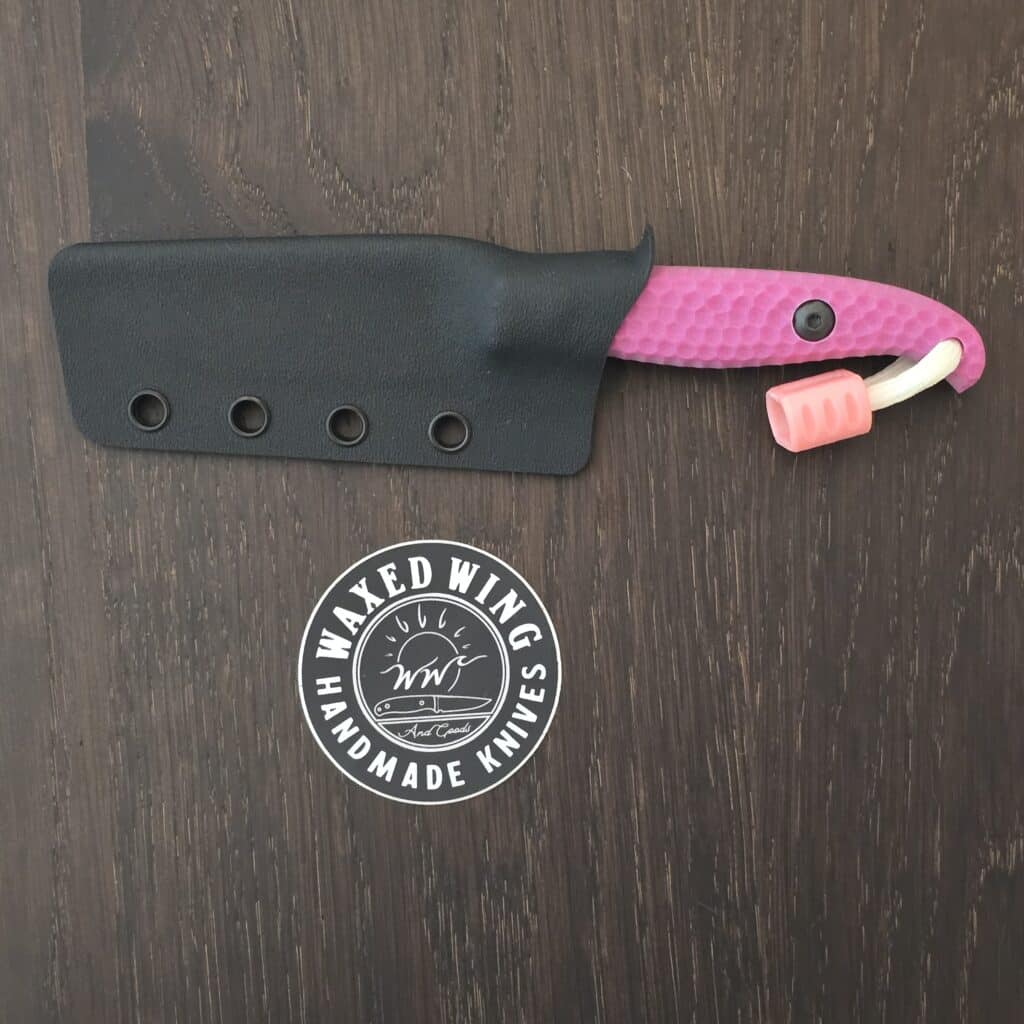 Waxed Wing Handmade Knives Chitin - Nitro V - pink honeycomb g10 - kydex sheath - glow Insurgent bead by Combat Beads / Griffin Co – gallery image 4