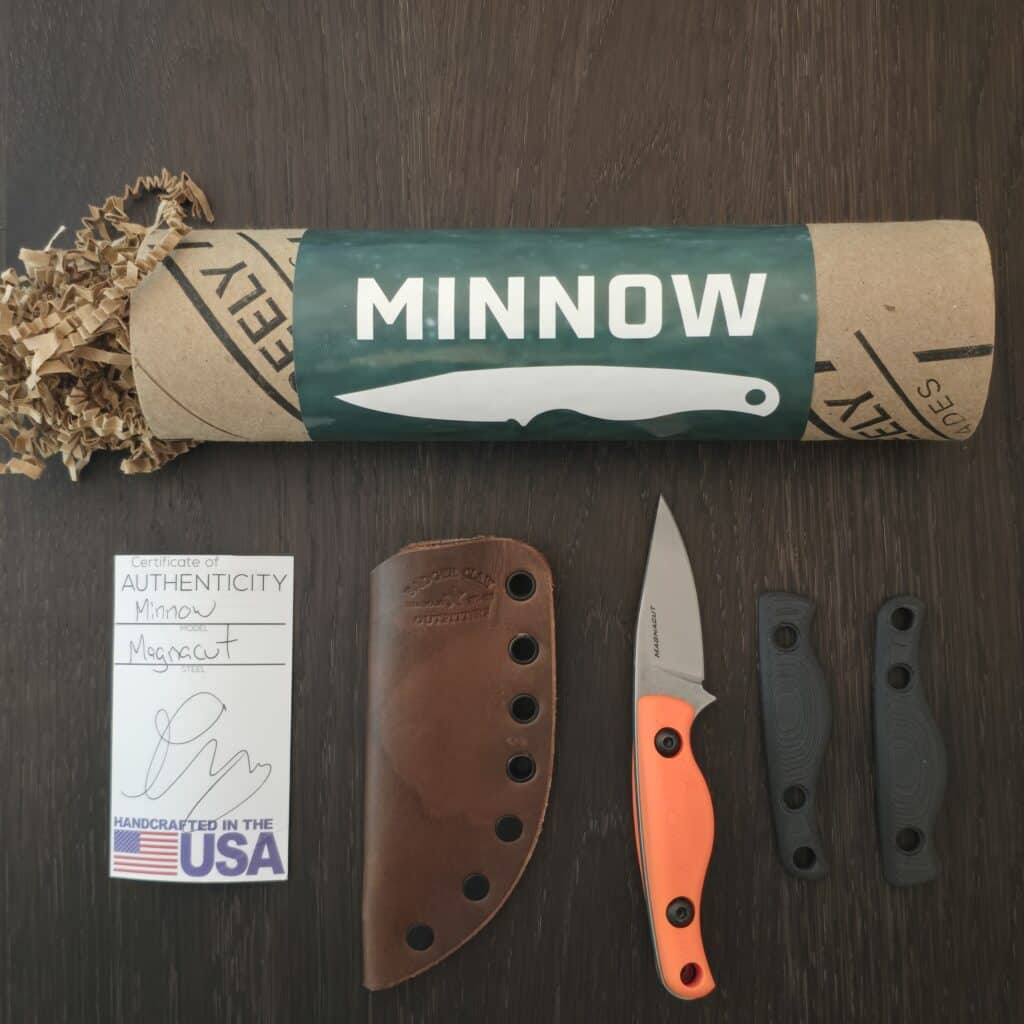 Creely Blades Minnow Orange (extra black scales included)- magnacut - leather sheath knife for sale