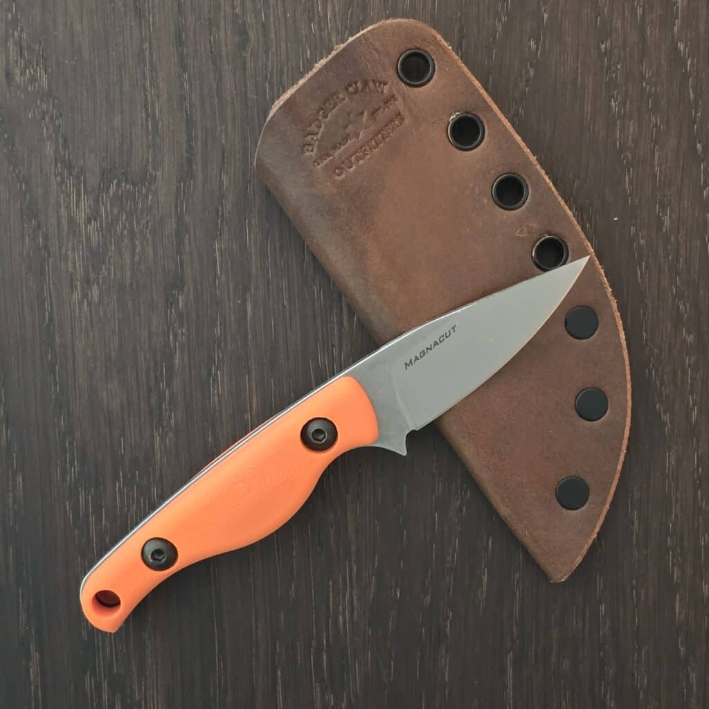 Creely Blades Minnow Orange (extra black scales included)- magnacut - leather sheath knife for sale