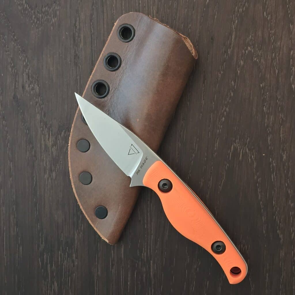 Creely Blades Minnow Orange (extra black scales included)- magnacut - leather sheath knife for sale