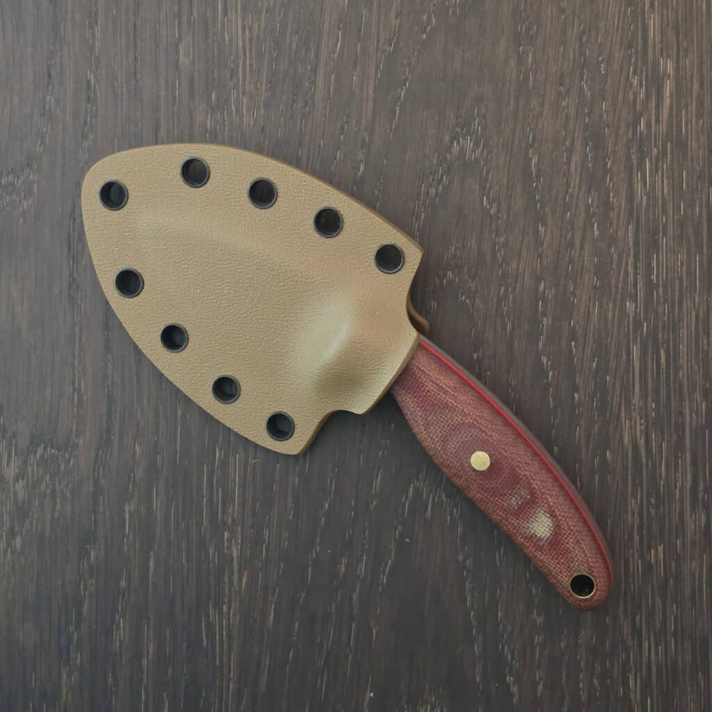 Pacheco Forge custom EDC - 80CRV2 - burlap micarta, red liners, brass pins - kydex sheath - one of a kind knife for sale