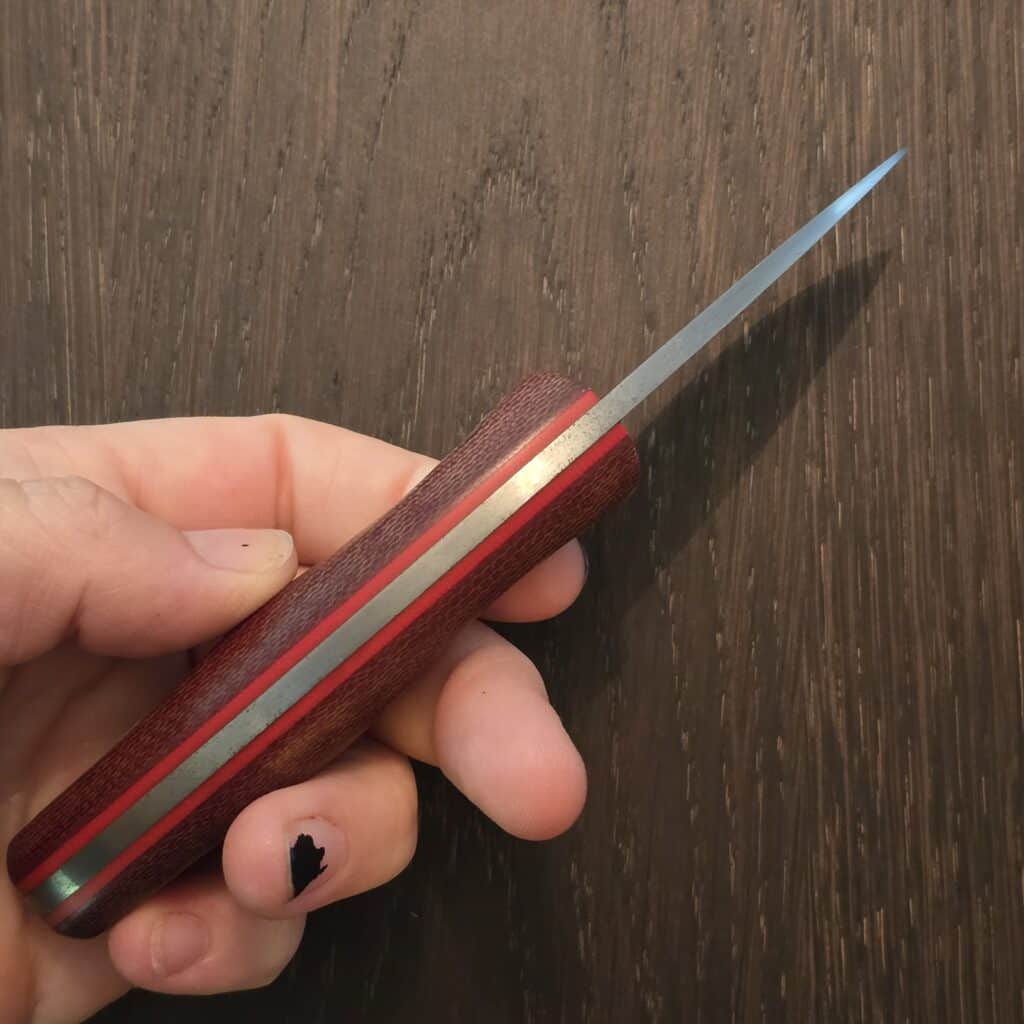 Pacheco Forge custom EDC - 80CRV2 - burlap micarta, red liners, brass pins - kydex sheath - one of a kind knife for sale