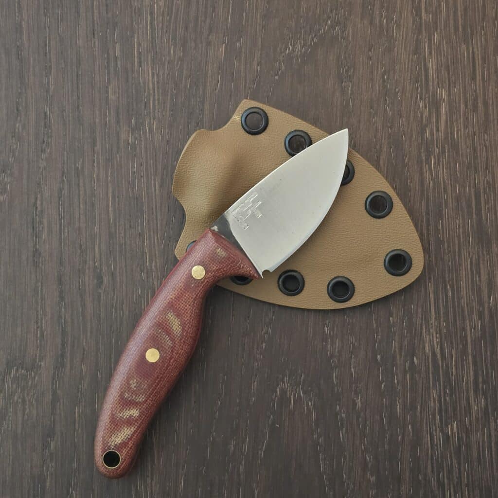 Pacheco Forge custom EDC - 80CRV2 - burlap micarta, red liners, brass pins - kydex sheath - one of a kind knife for sale