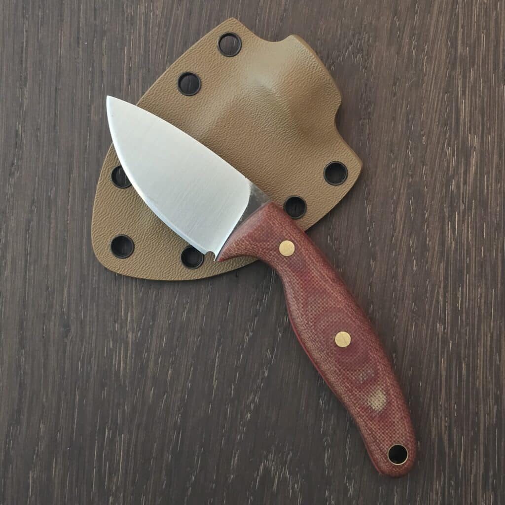 Pacheco Forge custom EDC - 80CRV2 - burlap micarta, red liners, brass pins - kydex sheath - one of a kind knife for sale