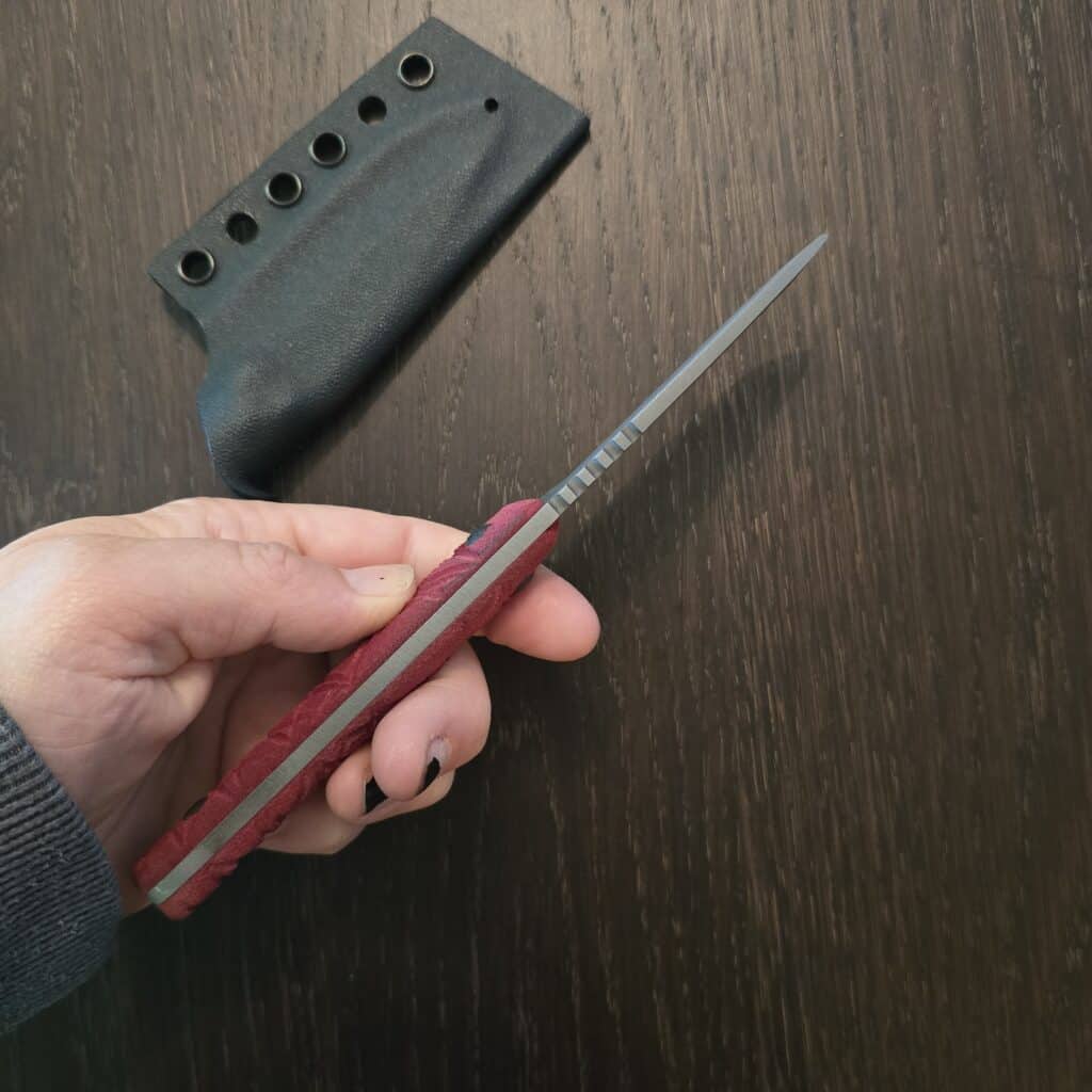 Wachtman Knife & Tool Eddy 2 - AEB-L - EVH crosscut micarta, synthetic RIT dye red - kydex sheath knife for sale