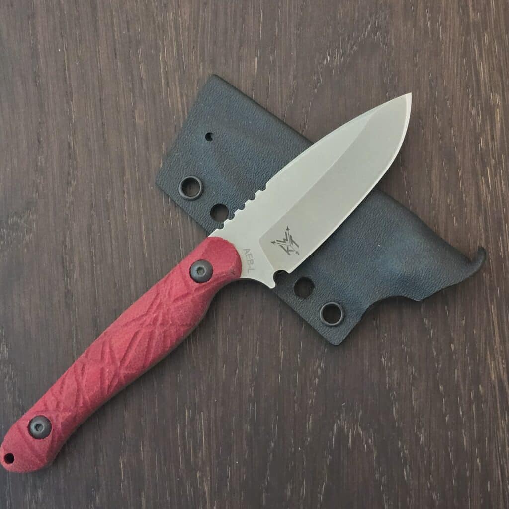 Wachtman Knife & Tool Eddy 2 - AEB-L - EVH crosscut micarta, synthetic RIT dye red - kydex sheath knife for sale
