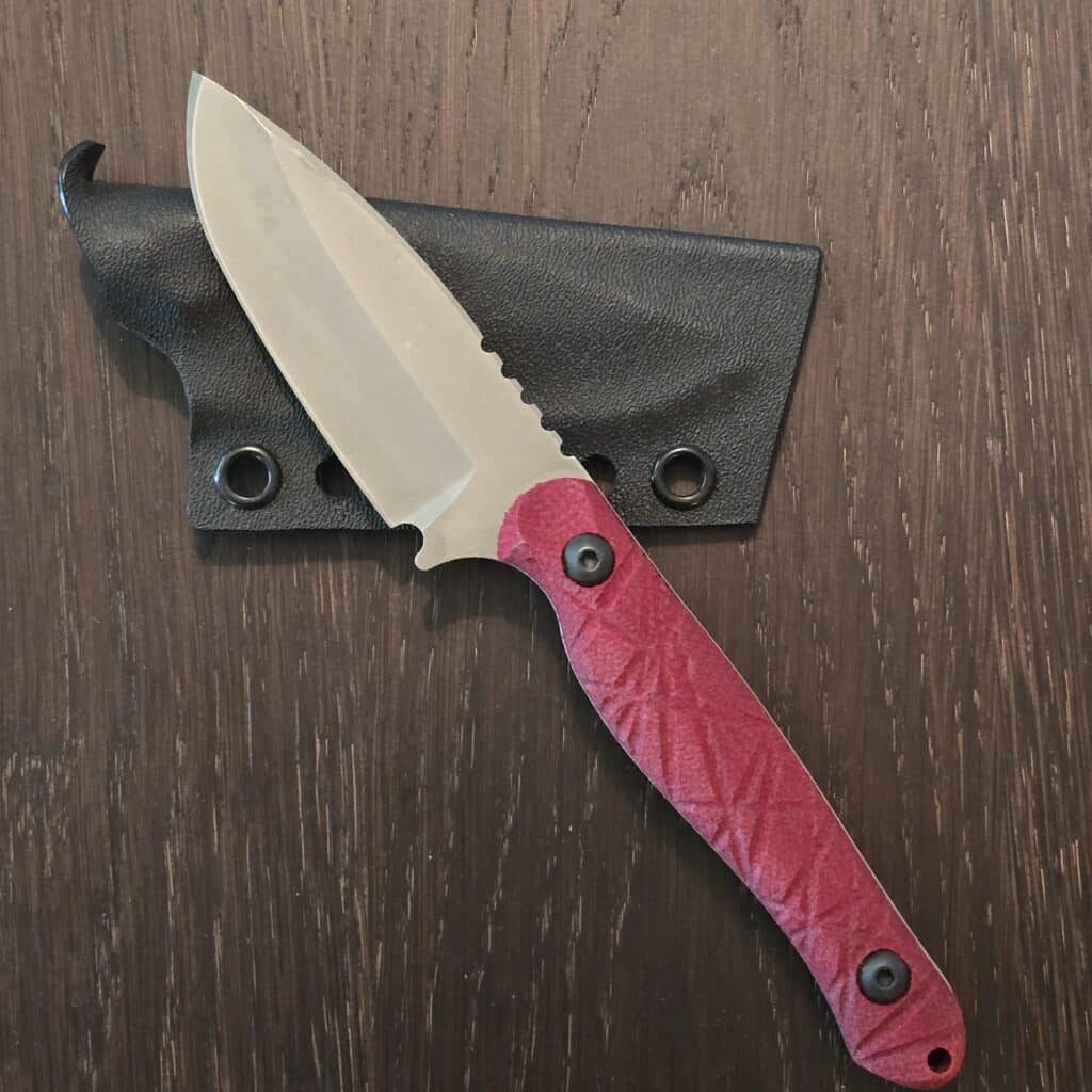 Wachtman Knife & Tool Eddy 2 - AEB-L - EVH crosscut micarta, synthetic RIT dye red - kydex sheath knife for sale