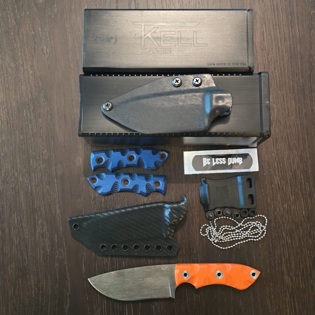 T. Kell Knives Taylors Ridge - 80CRV2 w/ rainswept finish nickel boron coating - Orange hi vis and blue/black AIRMEN layered g10 grips - orig kydex sheath and custom kydex by Armatus, belt clip, hardware, beaded chain knife for sale