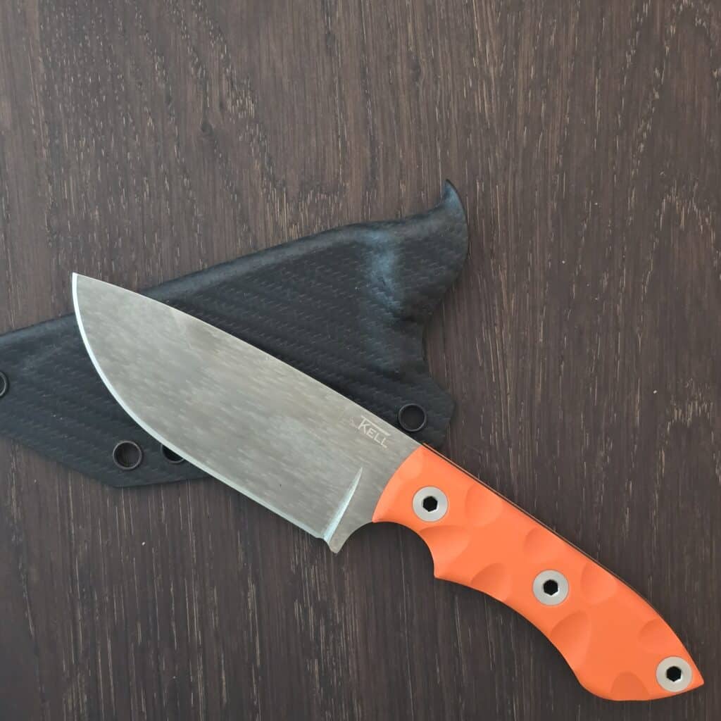 T. Kell Knives Taylors Ridge - 80CRV2 w/ rainswept finish nickel boron coating - Orange hi vis and blue/black AIRMEN layered g10 grips - orig kydex sheath and custom kydex by Armatus, belt clip, hardware, beaded chain knife for sale