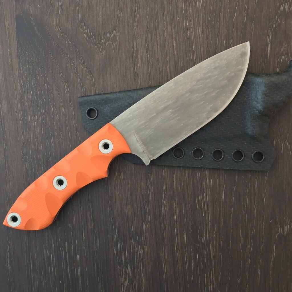 T. Kell Knives Taylors Ridge - 80CRV2 w/ rainswept finish nickel boron coating - Orange hi vis and blue/black AIRMEN layered g10 grips - orig kydex sheath and custom kydex by Armatus, belt clip, hardware, beaded chain knife for sale