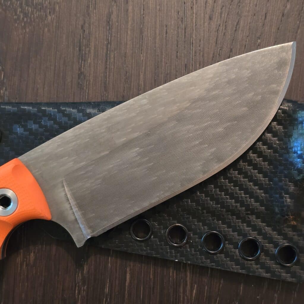 T. Kell Knives Taylors Ridge - 80CRV2 w/ rainswept finish nickel boron coating - Orange hi vis and blue/black AIRMEN layered g10 grips - orig kydex sheath and custom kydex by Armatus, belt clip, hardware, beaded chain knife for sale