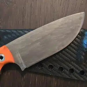 T. Kell Knives Taylors Ridge - 80CRV2 w/ rainswept finish nickel boron coating - Orange hi vis and blue/black AIRMEN layered g10 grips - orig kydex sheath and custom kydex by Armatus, belt clip, hardware, beaded chain knife for sale