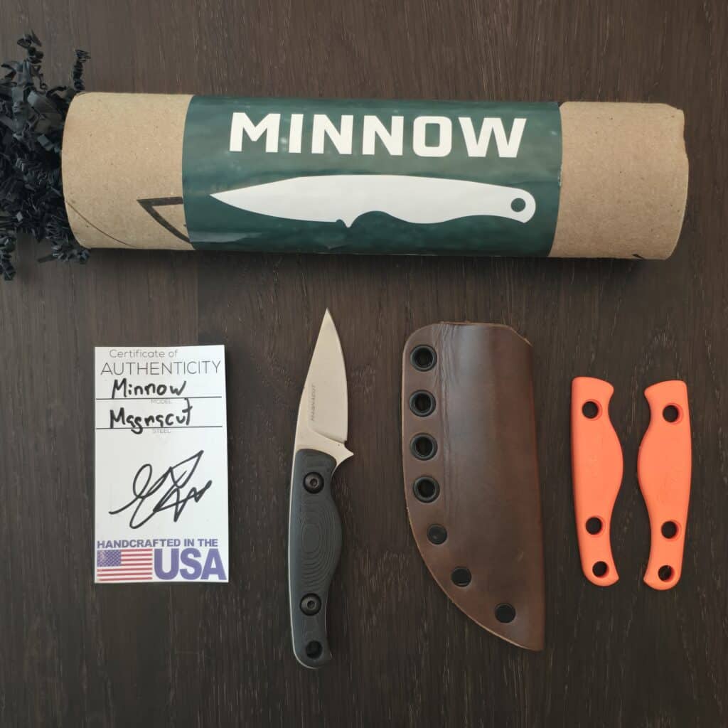 Creely Blades Minnow Black (extra orange scales included)- magnacut - leather sheath knife for sale