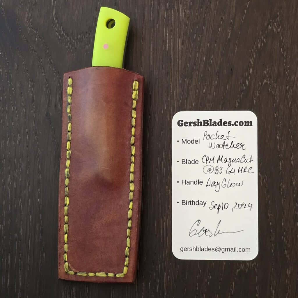 Gersh Blades Pocket Watcher - magnacut - dayglow g10 w/ pink g10 pins - leather sheath knife for sale