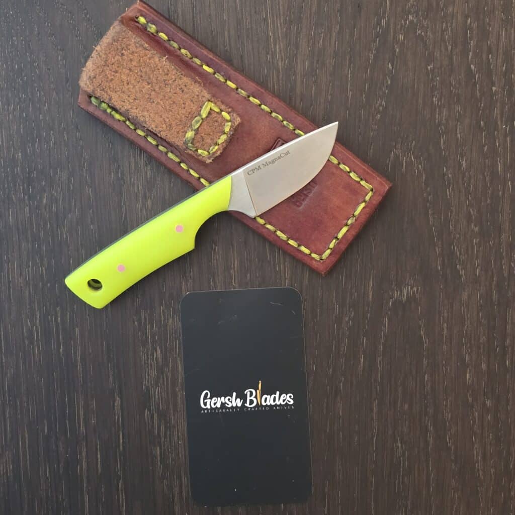 Gersh Blades Pocket Watcher - magnacut - dayglow g10 w/ pink g10 pins - leather sheath knife for sale