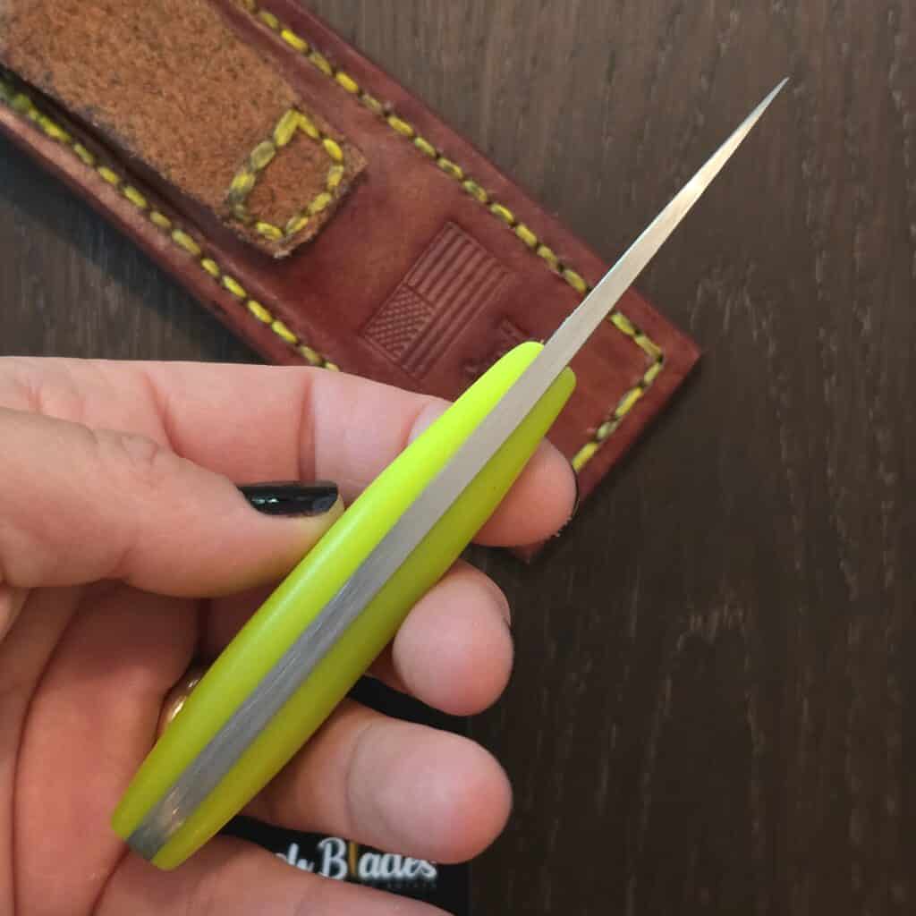 Gersh Blades Pocket Watcher - magnacut - dayglow g10 w/ pink g10 pins - leather sheath knife for sale