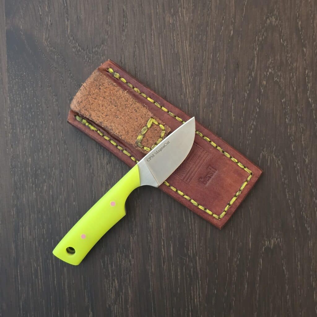 Gersh Blades Pocket Watcher - magnacut - dayglow g10 w/ pink g10 pins - leather sheath knife for sale