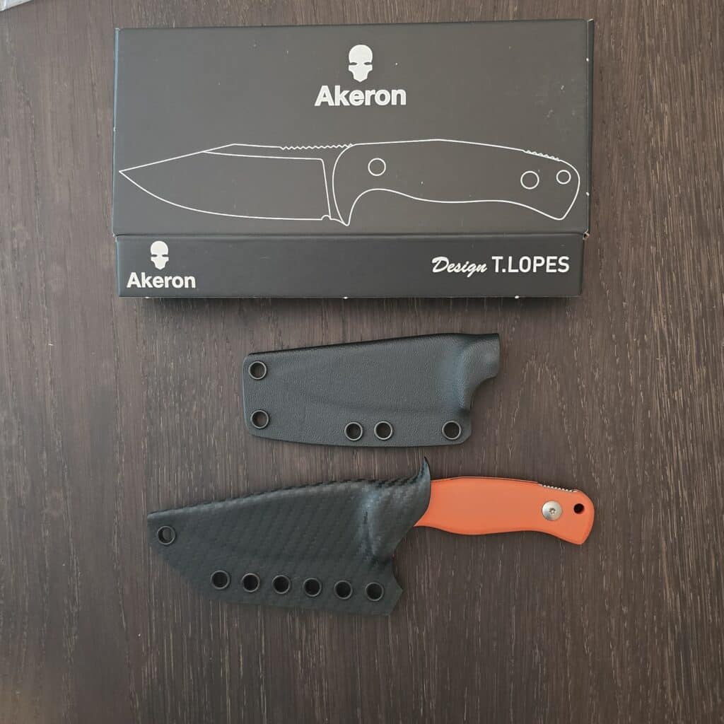 Akeron (brand by Armes Bastille of France) Eklipse - designed by Tony Lopes; made in Italy by Fox Knives - N690 - orange g10 - kydex sheath & upgraded kydex sheath by Armatus Carry Solutions knife for sale