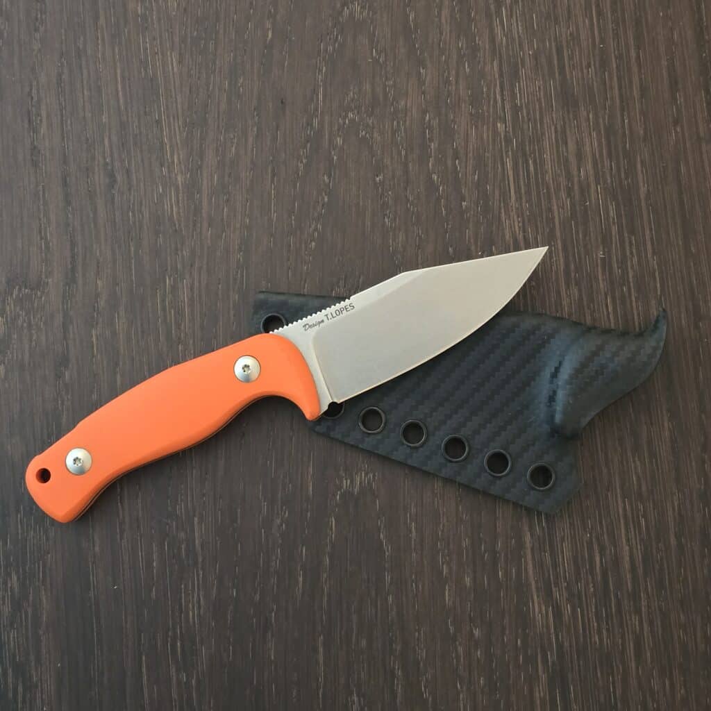 Akeron (brand by Armes Bastille of France) Eklipse - designed by Tony Lopes; made in Italy by Fox Knives - N690 - orange g10 - kydex sheath & upgraded kydex sheath by Armatus Carry Solutions knife for sale
