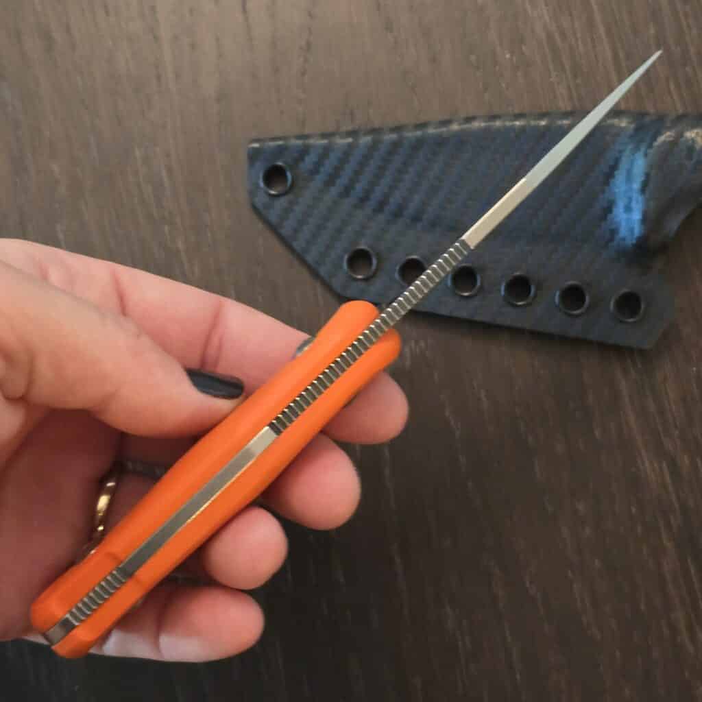 Akeron (brand by Armes Bastille of France) Eklipse - designed by Tony Lopes; made in Italy by Fox Knives - N690 - orange g10 - kydex sheath & upgraded kydex sheath by Armatus Carry Solutions knife for sale