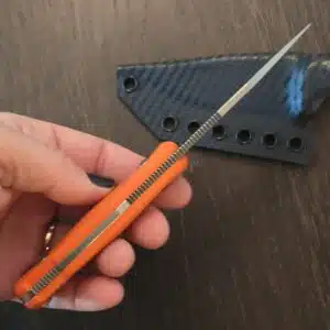 Akeron (brand by Armes Bastille of France) Eklipse - designed by Tony Lopes; made in Italy by Fox Knives - N690 - orange g10 - kydex sheath & upgraded kydex sheath by Armatus Carry Solutions knife for sale