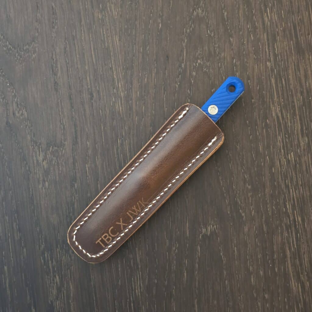 Jack Wolf Knives Prickly Pear - s45vn - Blue G10 Starburst with Baby Blue Liners - Taylored by Cortes leather sheath with Double X Knives stainless pocket clip – gallery image 3