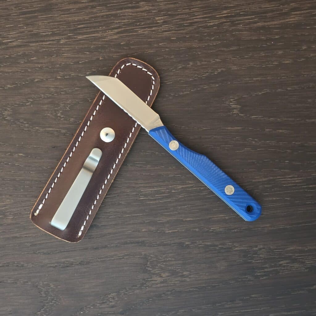 Jack Wolf Knives Prickly Pear - s45vn - Blue G10 Starburst with Baby Blue Liners - Taylored by Cortes leather sheath with Double X Knives stainless pocket clip – gallery image 2