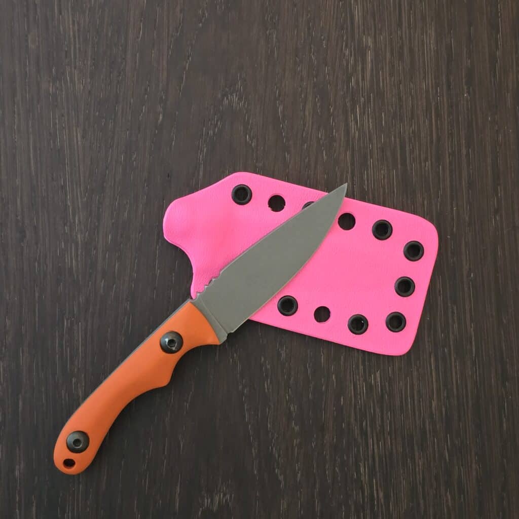 Lost Dirt Knife & Tool Mini Spearpoint - AEB-L - Orange g10 - pink kydex knife for sale