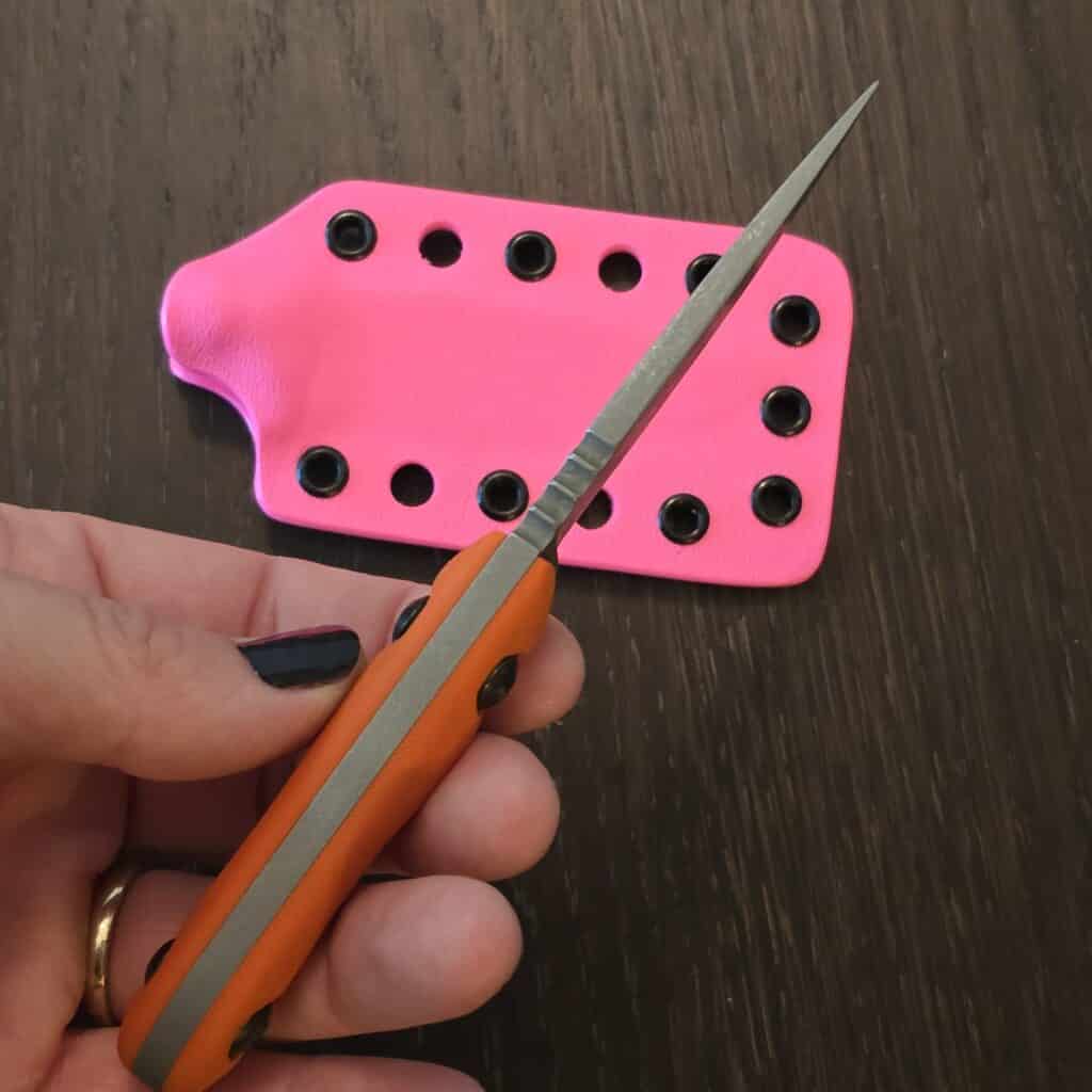 Lost Dirt Knife & Tool Mini Spearpoint - AEB-L - Orange g10 - pink kydex knife for sale