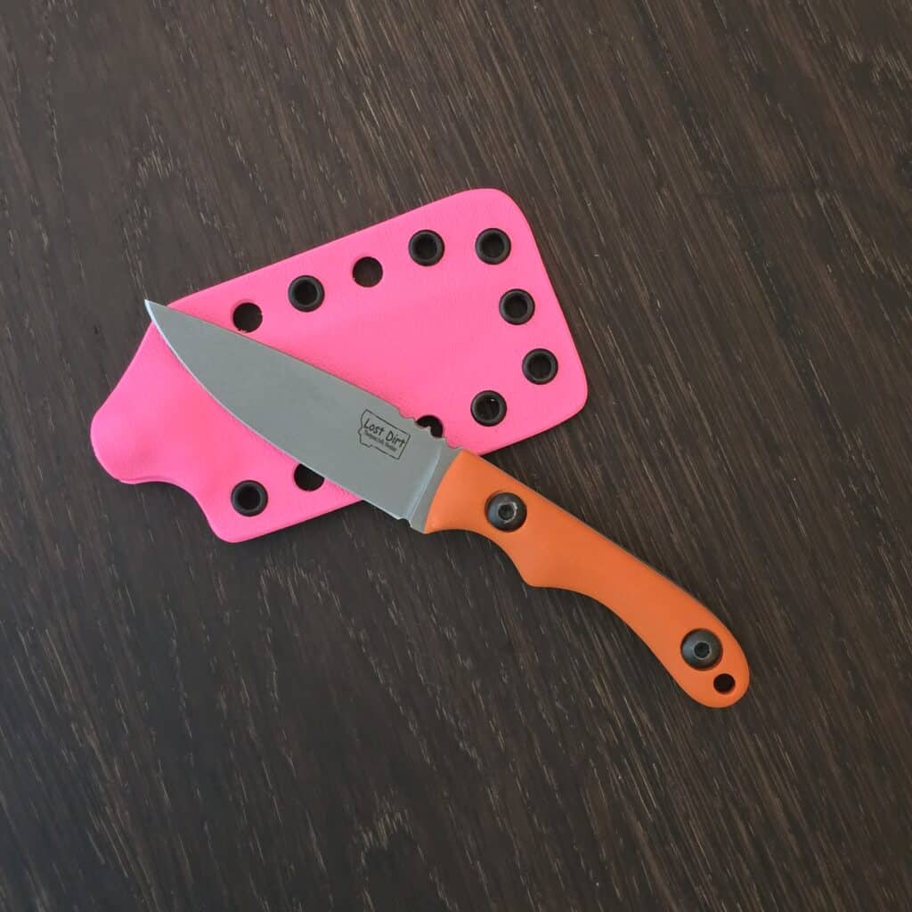 Lost Dirt Knife & Tool Mini Spearpoint - AEB-L - Orange g10 - pink kydex knife for sale