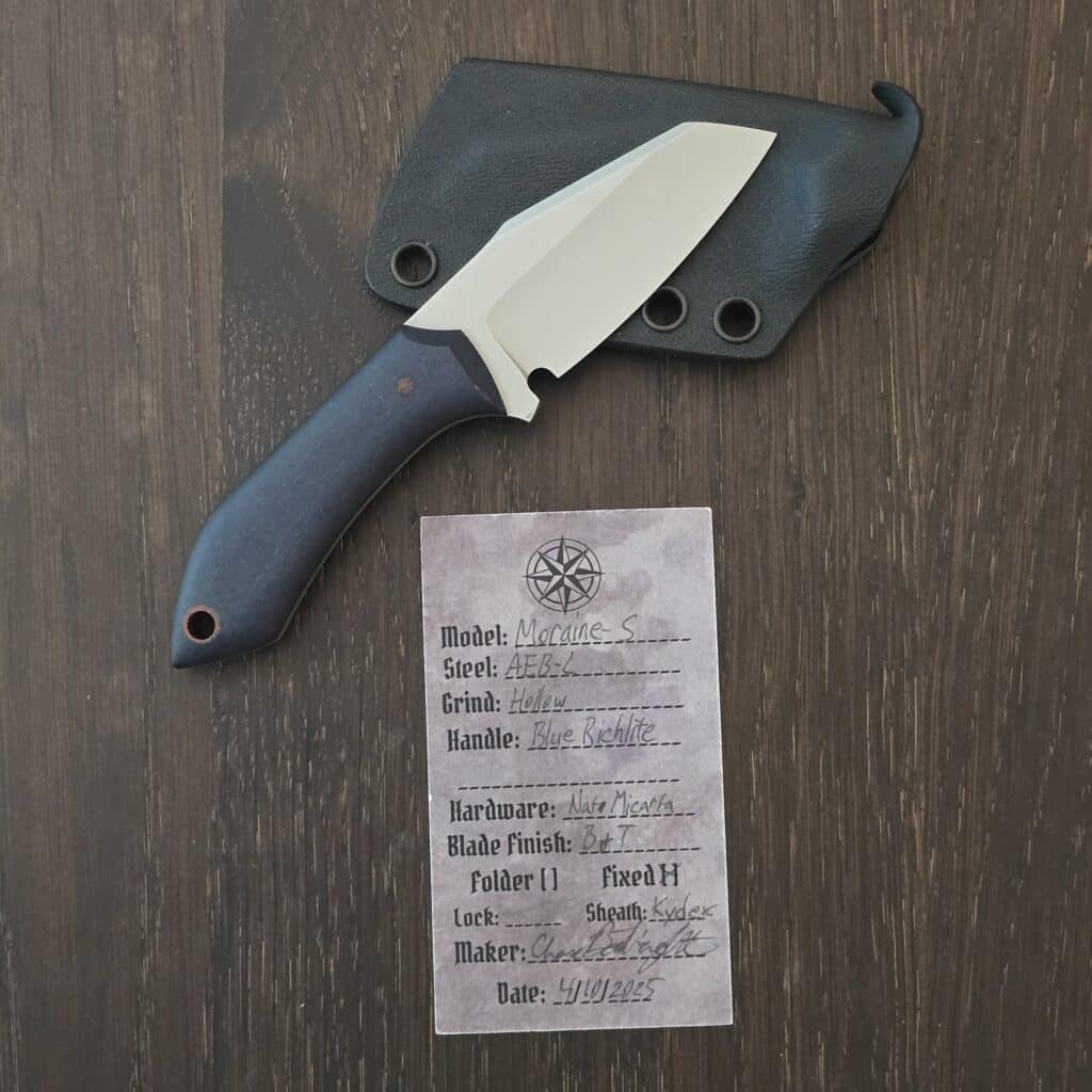 Boatright Bladeworks Moraine-S - Aeb-l - blue richlite with natural micarta pin and lanyard tube - kydex sheath – gallery image 3