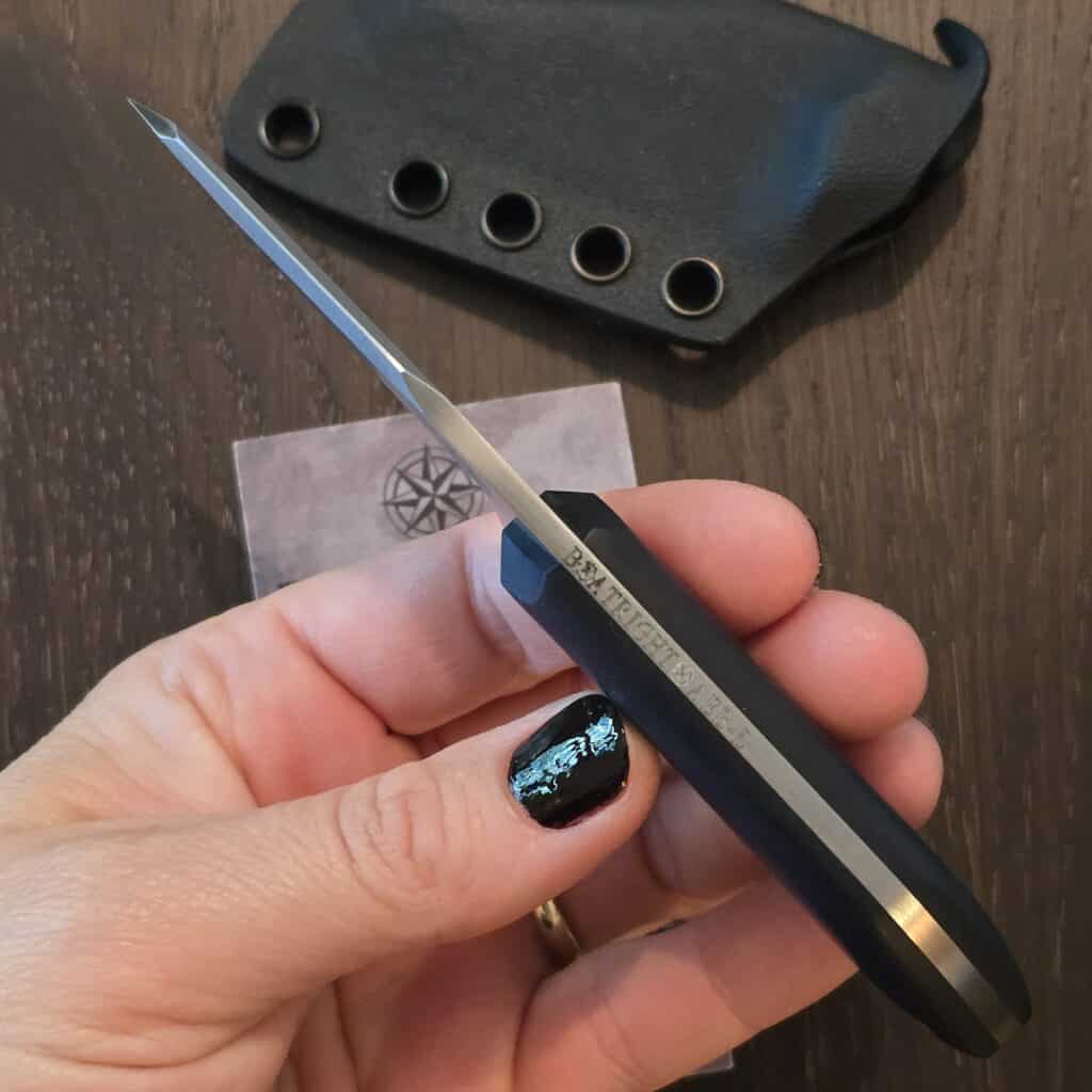 Boatright Bladeworks Moraine-S - Aeb-l - blue richlite with natural micarta pin and lanyard tube - kydex sheath – gallery image 2