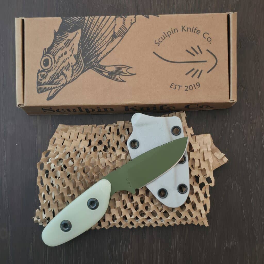 Sculpin Knife Co. Scout1095 with cerakote in OD green, natural g10 scales and gray kydex sheath – gallery image 4