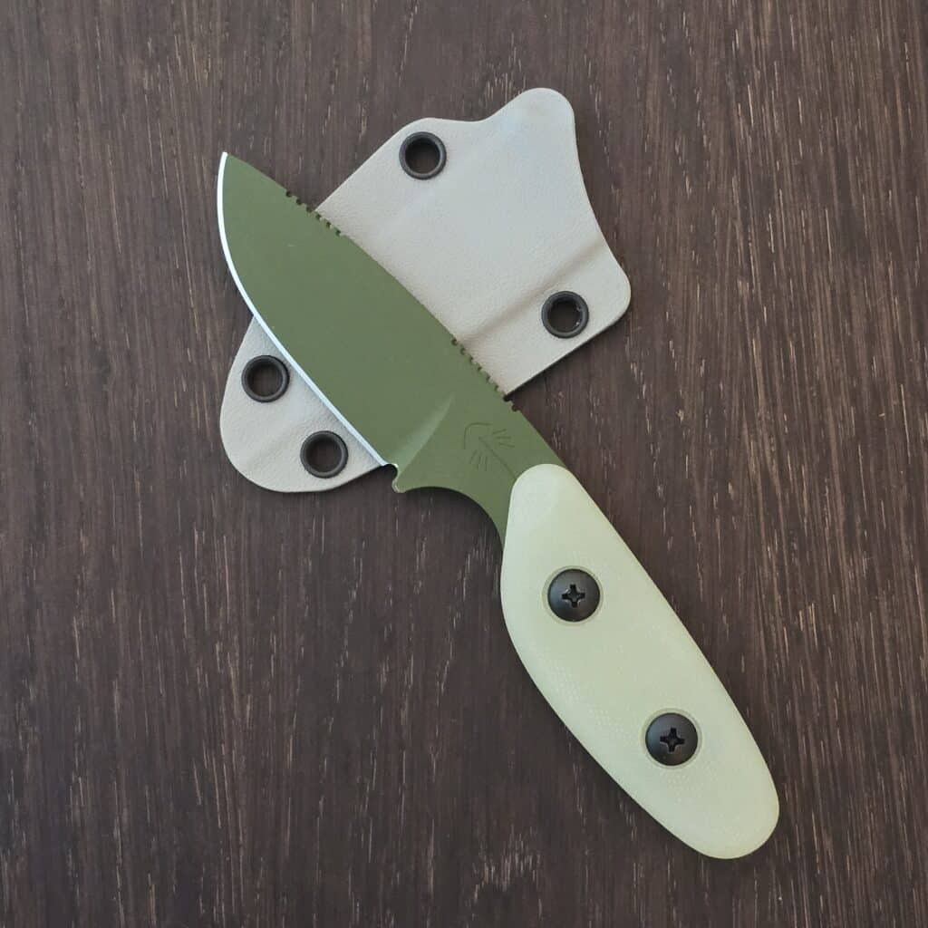 Sculpin Knife Co. Scout1095 with cerakote in OD green, natural g10 scales and gray kydex sheath – gallery image 3
