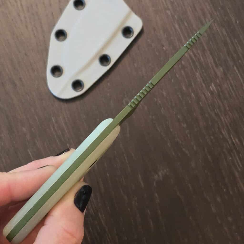 Sculpin Knife Co. Scout1095 with cerakote in OD green, natural g10 scales and gray kydex sheath – gallery image 2