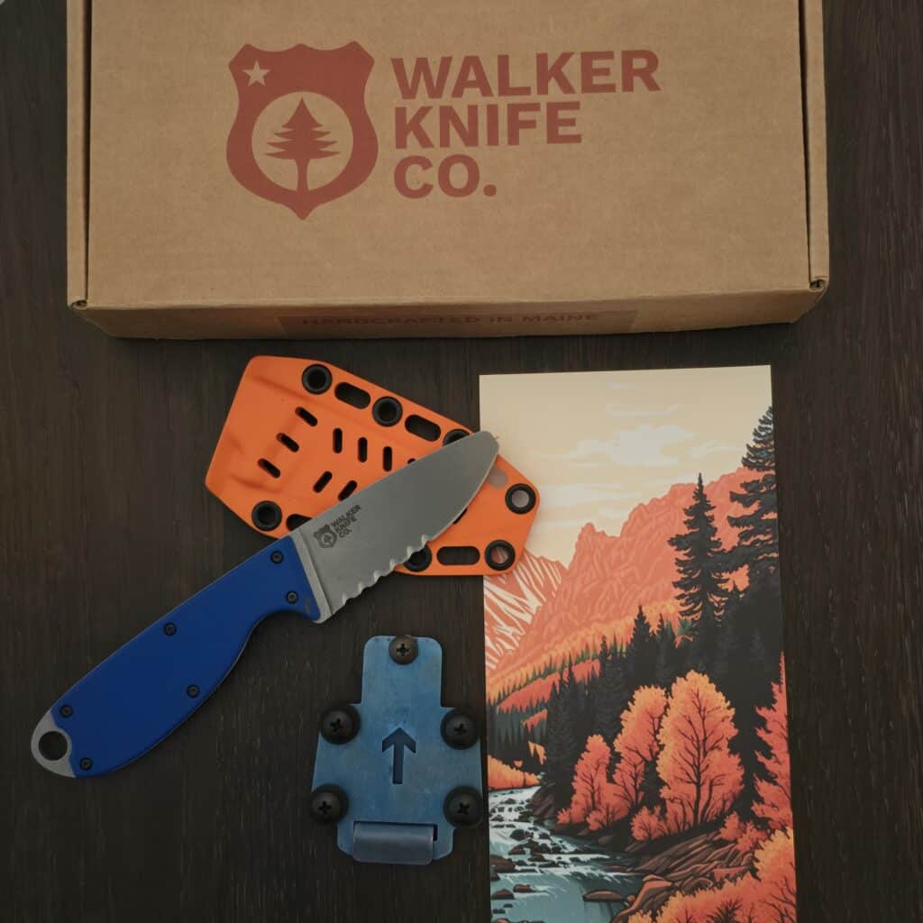 Walker Knife Co. Guardian river knife - 440C combo blade - blue g10 - kydex sheath - river knife PFD lashtab clip mounting system (anodized titanium, stainless steel hardware) knife for sale
