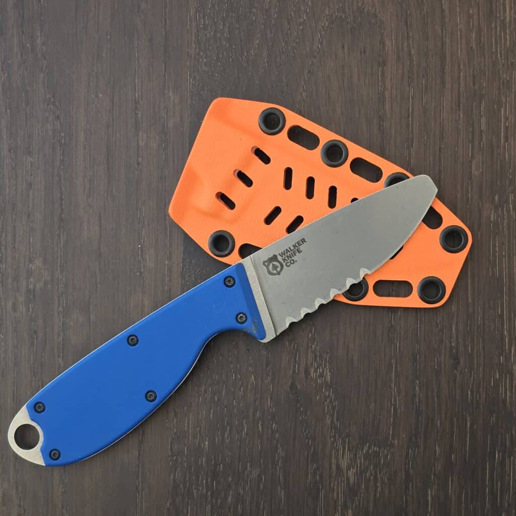 Walker Knife Co. Guardian river knife - 440C combo blade - blue g10 - kydex sheath - river knife PFD lashtab clip mounting system (anodized titanium, stainless steel hardware) knife for sale