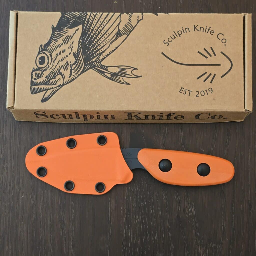 Sculpin Knife Co. Scout 1095 with cerakote in Slate, Orange g10 scales and Orange kydex sheath knife for sale